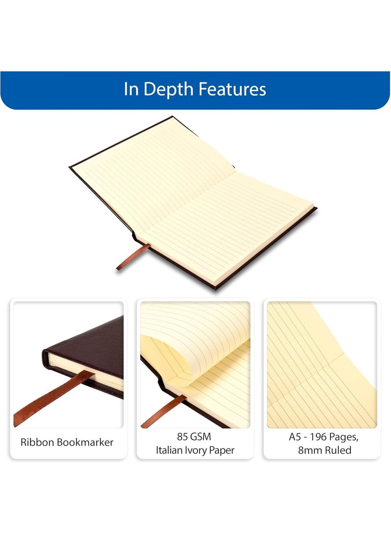 FIS Hard Cover Notebook A5 (148x210mm), Bonded Leather, 98 Sheets/196 Pages, Single Line, 85gsm Italian Ivory Paper, Glued Binding, Burgundy Cover - FSNBA5IVBLBU - Image 3